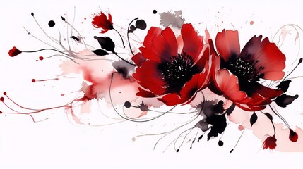 Red watercolor poppies with black centers and gray and pink foliage painted on a white background in a loose painterly style.