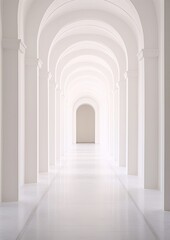 Fototapeta na wymiar liminal space , long white arched hallway , white , architecture , interior , minimalism