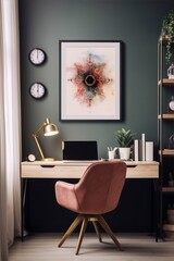 An illustration of a home office with a mid-century modern pink chair, a desk, a lamp, a clock, a shelf, a laptop, and a framed print of a colorful and intricate mandala.