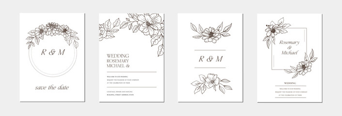 Set of floral line art wedding card template. Luxury flowers black outline frame design. Greeting card pattern background. Elegant modern abstract marriage card vector illustration - 780772141