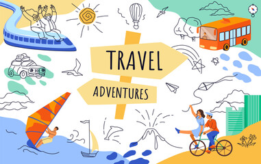 People in trip. Travel adventure. Summer tourism. Tourists train. Family in car or bus. Vacation traffic in nature. Woman and man ride on bikes. Sea windsurfing. Vector banner line design