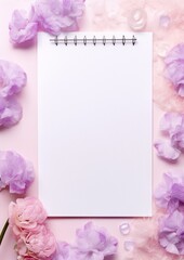 Blank notebook page mockup with purple and pink flowers and feathers on a pink background.