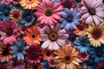 A vibrant selection of gerbera daisies tightly packed together to showcase a stunning spectrum of colors
