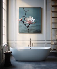 Bathroom interior with a large bathtub, a painting of a magnolia flower, and a golden shelf with decor.