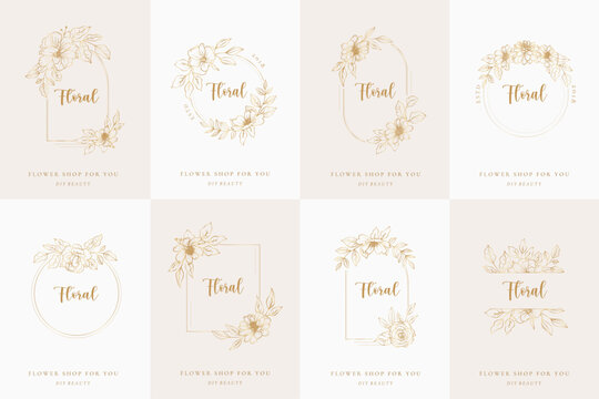 Set of floral gold frame logo line art. Flower wreath, border with branch and leaves. Botanical round golden ornament monogram. Elegant vintage simple emblem vector illustration