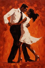 Dancing couple in warm colors palette, figurative painting, brush strokes, impressionism, movement, passion.