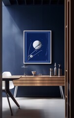 Blue minimalist geometric shapes over dark blue background, drawing, art deco, interior, flat design