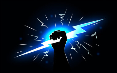 Power lights. Thunder bolt in super Zeus hand, energy man hold blue glowing thunderbolt, electrician god or hero. Zigzag victory and leader symbol. Vector strength logo, isolated illustration