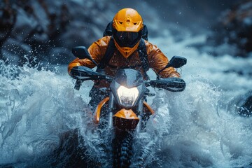 An intense, action-filled image capturing a motorcyclist in bright protective gear riding through splashing water - obrazy, fototapety, plakaty
