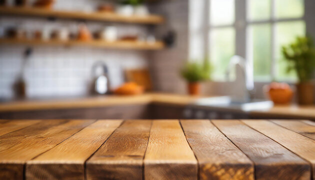 Empty wooden table for product display with blurred kitchen interior on background.