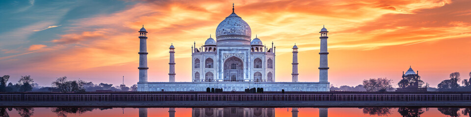 Panorama view of India with Taj Mahal at sunrise. Night ancient arab city in desert, east architecture in oasis. Happy Independence Day of India. Travel and tourism concept - obrazy, fototapety, plakaty