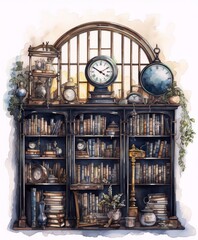 Watercolor painting of a vintage library with a large arched window, filled with books, clocks, and other curiosities