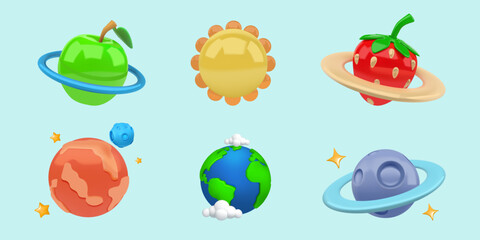 Game planets. Space alien stars from fantasy galaxy or UFO world. Funny magic universe. Mars and Earth satellite. Cosmic strawberry and apple. Sun render icon. Vector cartoon elements set