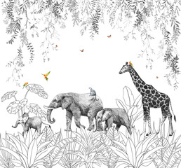 Realistic drawing Mural Wallpaper. Safari Panorama Landscape Wildlife and Forest African Nature, Giraffe, Elephant, Lemur, Monkeys. Liana