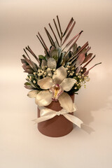 Orchid flower arrangement in a brown pot on an off-white background.
