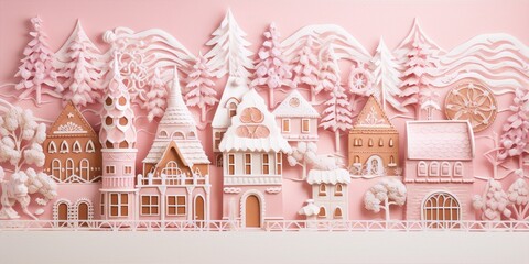Whimsical pink and white gingerbread houses and trees in a snowy landscape with a pink background in 3D rendering.