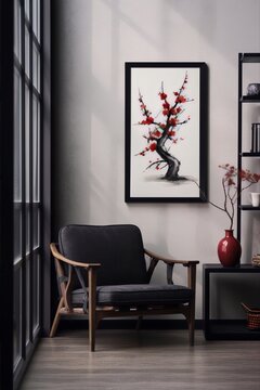 Black armchair and red vase near the wall with framed minimal japanese style painting of a cherry blossom tree with red flowers