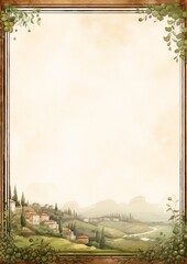 Watercolor landscape of a tuscan valley with a grapevine border