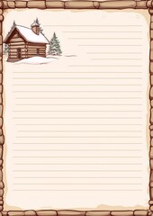 Cute cartoon cabin in snowy woods, illustration, stationery, paper, vintage, retro