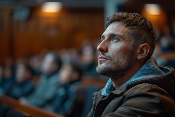 A thoughtful young man is captured in a contemplative pose in an auditorium setting