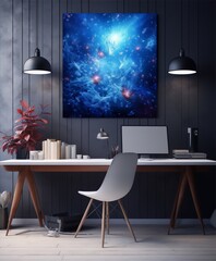Mystical blue and pink icy landscape painting in home office with white desk and chair.