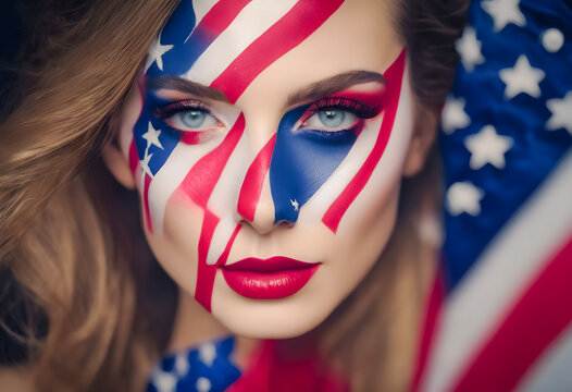 Patriotic woman with American flag face paint, symbolizing national pride and celebration, with intense gaze and vibrant makeup.