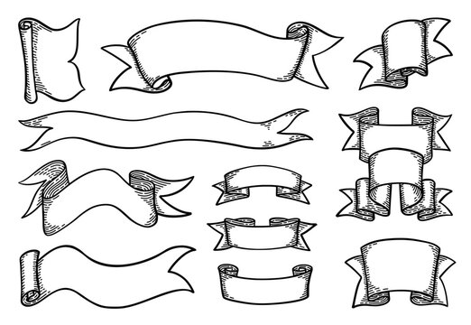 Retro ribbons. Banner flag different forms with copy space for text, old hand draw scroll curve label or frame, paper style line elements for emblem. Vector graphic design isolated elements