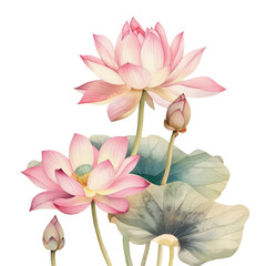 Three pink lotus flowers and green leaves on a transparent background