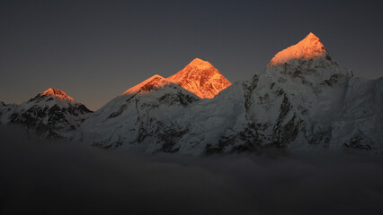 Mount Everest and Nuptse at sunset, view from Kala Patthar, Nepal.