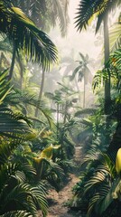 Obraz premium Illustration of a wild tropical jungle in muted green colors
