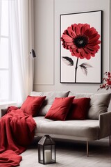 Minimalistic living room interior with red flower painting, gray sofa and red pillows