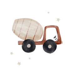 Beautiful hand drawn watercolor illustration with cute baby toys. Construction equipment clip art. Concrete mixer