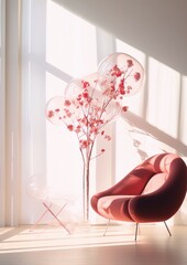 Pink surreal photo of a pink velvet chair and a tree with pink flowers in a transparent vase with pink transparent balloons in a white room with white walls and a white floor.