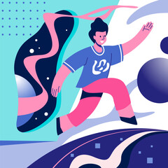 Flying people. Jumping girl. Bouncing guy. Abstract geometric spheres. Positive emotion. Joy and happiness. Levitating person. Free movement. Man running in zero gravity. Vector banner