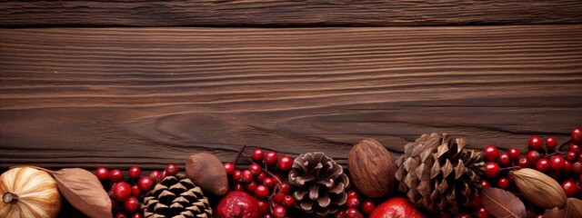 Rustic still life of nuts, pine cones, and red berries on a wooden background - obrazy, fototapety, plakaty