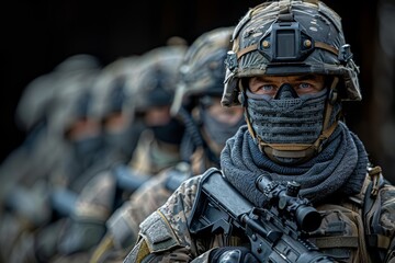 An elite unit of soldiers wearing advanced combat helmets and tactical vests, holding rifles at the ready in a tactical formation - obrazy, fototapety, plakaty