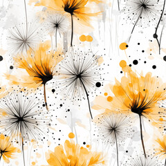 Watercolor seamless pattern with dandelion and splatters in yellow and black colors on white background.