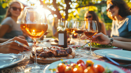 Happy friends making a toast with wine glasses sitting at a table having dinner outdoors. Family together having a barbecue or meal in the garden. Concept of family and friends united. - Powered by Adobe
