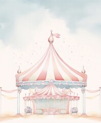 Watercolor painting of a pink and white striped circus tent with a red flag on top.