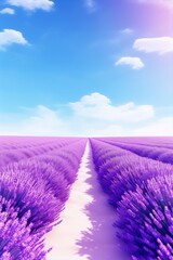 endless rows of purple lavender flowers under a bright blue sky with white clouds in the background, in a minimalist surreal landscape photography style