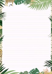 Cute cartoon leopard and tropical leaves on a ruled paper background, perfect for a summery letter or note.