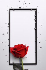 Black frame with a single red rose on a white background, with water droplets. Still life, digital art, red, black, white.