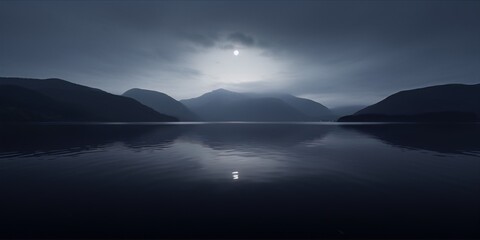 Fototapeta premium Dark mountain lake at night with full moon reflecting on the water surface, digital art