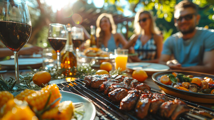 Gathering of friends or family celebrating an outdoor meal on the terrace or patio of the house....