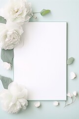 White and cream colored peony flowers with green leaves on a pale blue background, botanical, art deco, interior, soft, pastel.