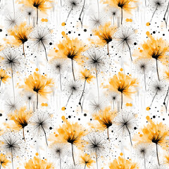 Watercolor seamless pattern with dandelion and dynamic splatter effect in yellow and black color.