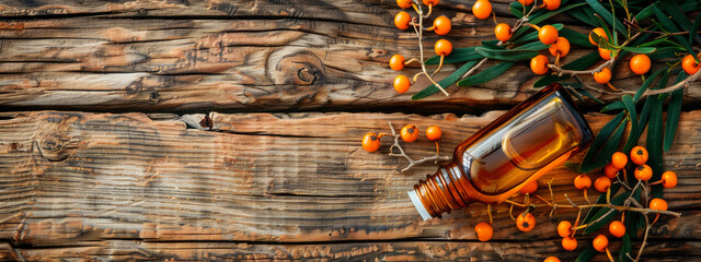 sea buckthorn essential oil in a bottle. selective focus.
