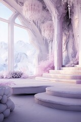Pink surreal icy cavern interior with stairs and pink plants