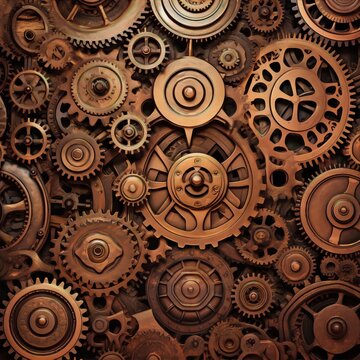 rusty steampunk gears forming a complex machine
