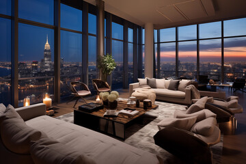 Lavish penthouse apartment overlooking a city skyline. Generative AI - obrazy, fototapety, plakaty